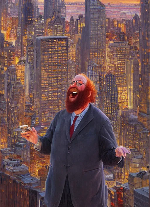 Image similar to a laughing fat redheaded man with beard talking on a cell phone manhattan skyline in the background, portrait, intricate, elegant, highly detailed, centered, digital painting, artstation, concept art, smooth, sharp focus, illustration, art by art germ and donato giancola and Joseph Christian Leyendecker