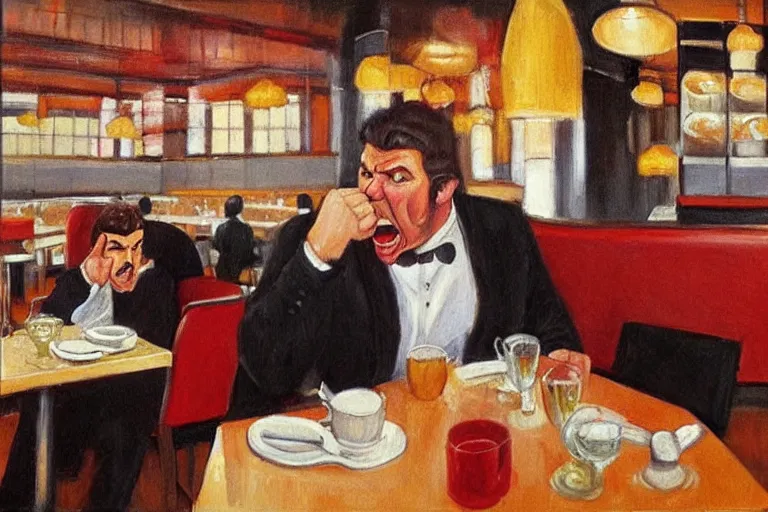 Image similar to a grumpy busser in a restaurant yells at the owner, art by dean macadam