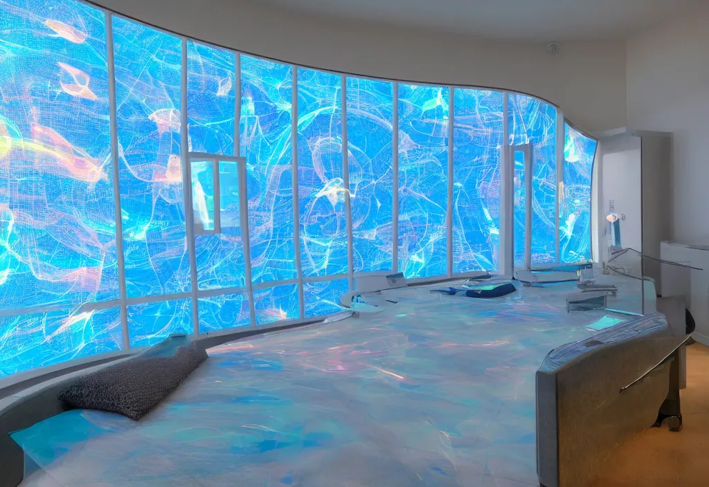 Prompt: curved translucent windows projecting florida holographic weathermap, thin glowing lights, bedroom, visor, users, pair of keycards on table