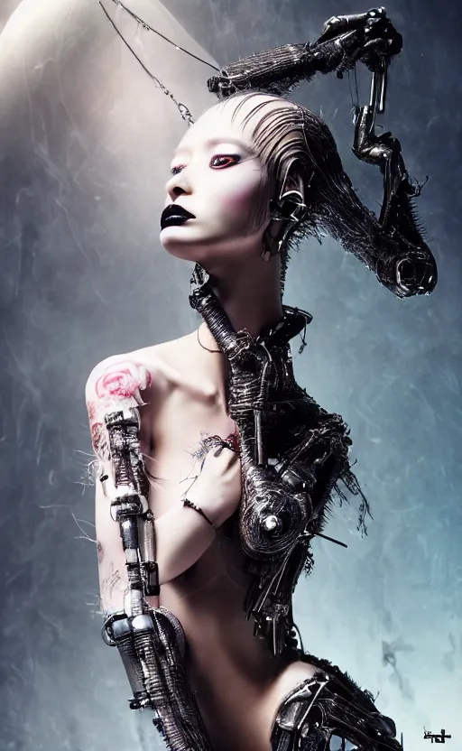 Prompt: hyperrealistic futuristic high fashion photography, girl in studio, full body, cybernetic parts by luis royo, asian, vogue magazine, nomad masterpiece, nano parts, neon lights, smoke, eerie music, beautiful intricate face and flawless skin, tribal jewelry, tattoos, perfect hands, head piece, by Edgar Maxence and Ross Tran and Michael Whelan, 8k, octane render