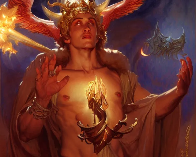 Image similar to attractive male deity, casting demonic magic, summoning handsome lucifer morning star. highly detailed painting by gaston bussiere, craig mullins, j. c. leyendecker 8 k