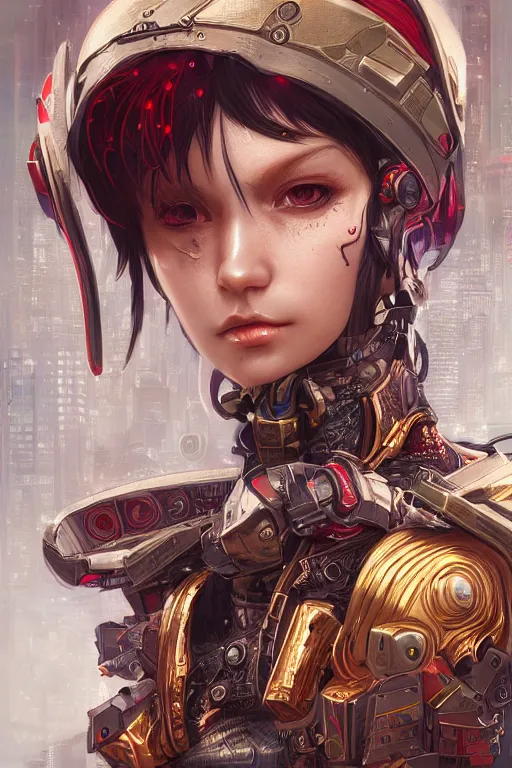 Prompt: Portrait of a cyberpunk cyborg , D&D, sci fi fantasy, intricate, gold and red, richly detailed colored , art by Range Murata, highly detailed, 3d, octane render, bright colors, digital painting, trending on artstation, sharp focus, illustration style of Stanley Artgerm,