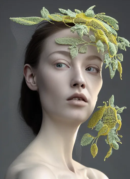 Image similar to complex 3d render ultra detailed of a beautiful porcelain profile young woman face, biomechanical cyborg, 150 mm lens, beautiful studio soft light, rim light, lemon details, big leaves and stems, roots, fine foliage lace, mesh wire, Alexander Mcqueen high fashion haute couture, art nouveau fashion embroidered, intricate details, hyper realistic, ultra detailed, mandelbrot fractal, anatomical, facial muscles, cable wires, microchip, elegant, octane render, H.R. Giger style, black eyes, plump lips, brown skin, volumetric lighting, 8k post-production, trending on Artstation