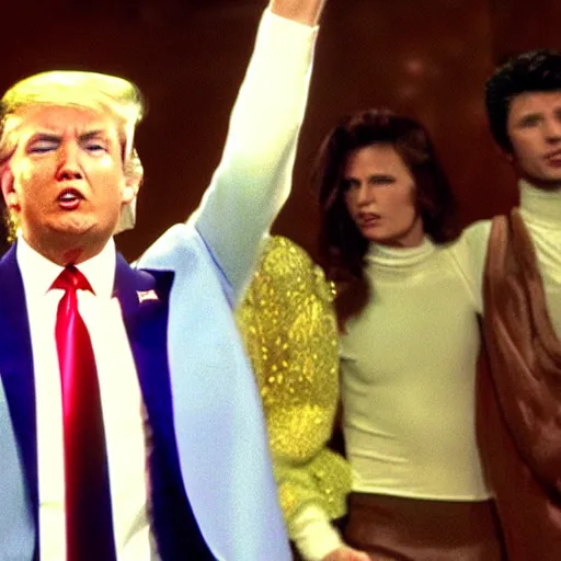 Prompt: A still of Donald Trump wearing a disco suit in Saturday Night Fever