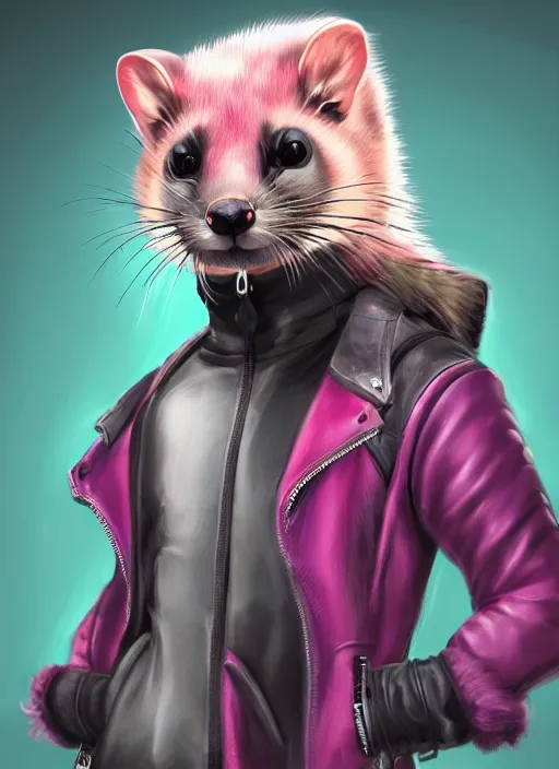 Prompt: cyberpunk anthropomorphic ferret pine marten, with pink mohawk, wearing leather jacket, medium shot portrait, digital painting, trending on ArtStation