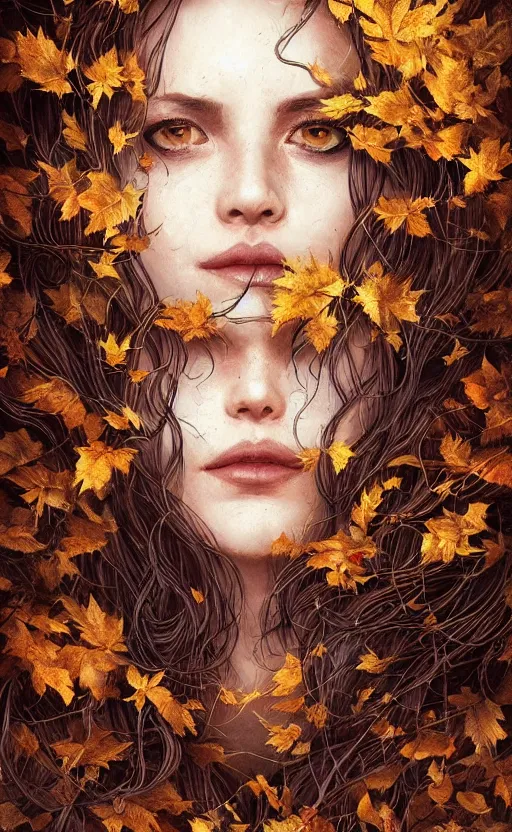 Image similar to golden leaves at frame border, creative!!! composition for a book cover!!!, absurdly beautiful, ultrafine hyperrealistic detailed old witch face by wlop and artgerm and greg rutkowski, intricate linework, sharp focus, smooth, octopath traveler, final fantasy, unreal engine, dramatic lighting, ethereal, 8 k