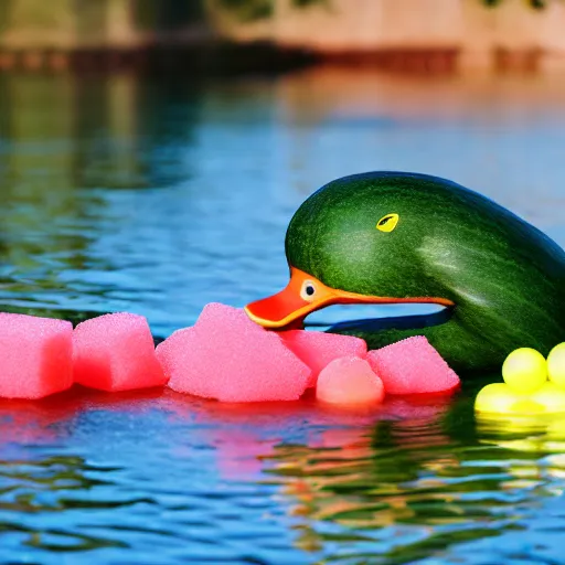 Prompt: A depressed water melon feeding ducks with candy