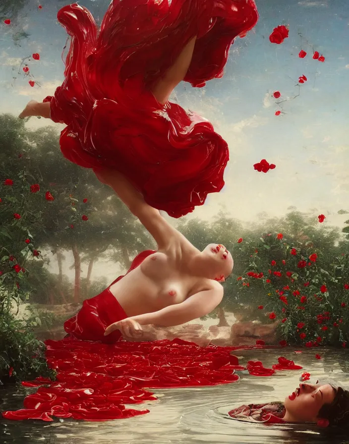 Prompt: a pool of liquid boiling red wax and woman dressed in a red puffy dress, many white birds and roses fly around, a dark background, wide angle, epic, oil painting in a renaissance style , very detailed, painted by Sachin Teng, Thomas Kindkade, Norman Rockwell, Tom Bagshaw, halo, octane render, cinematic, hyper realism, octane render, 8k, depth of field, bokeh. iridescent accents. vibrant. teal and gold and red colour scheme