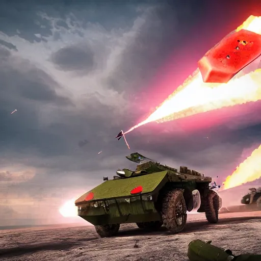 Image similar to Watermelon as military vehicle with epic weapons, launching rockets on a battlefield, russian city as background. Concept digital 3D art in style of Caspar David Friedrich, super rendered in Octane Render, More Military vehicle less watermelon, epic RTX dimensional dramatic light