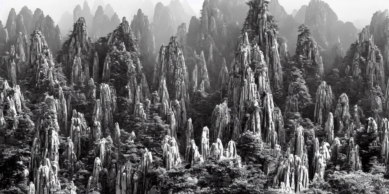 Prompt: huangshan with buddhist temples by ansel adams