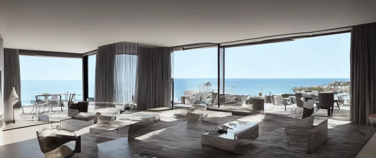 Prompt: “Modern duplex apartment interior with big windows exceptional view from a Clift to the sea minimalistic award design with innovative furniture”