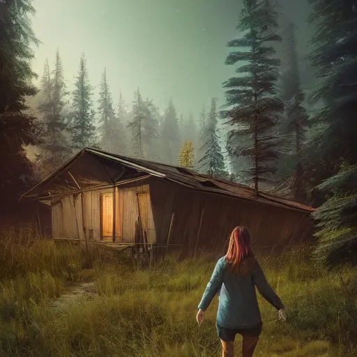 Image similar to woman leaving her wooden broken house by simon stålenhag, very highly detailed, award winning, rendered by Beeple, by Makoto Shinkai, syd meade, starwars, space art concept, digital art, unreal engine, blender, WLOP, trending on artstation, 4K UHD image, octane render