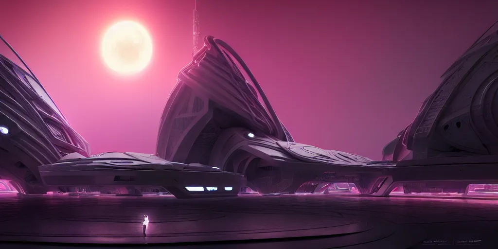 Image similar to futuristic space station 3 d concept art, cinematic lighting, intricate details, building by zaha hadid, pink sunset, emissary space by arthur haas and bruce pennington and john schoenherr, cinematic matte painting, dark moody monochrome colors, trending on artstation, featured on behance