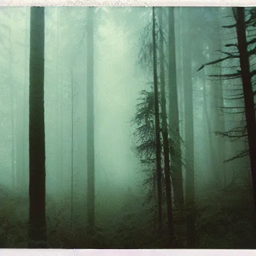 Image similar to you are lost in the forest, polaroid, surrended, foggy