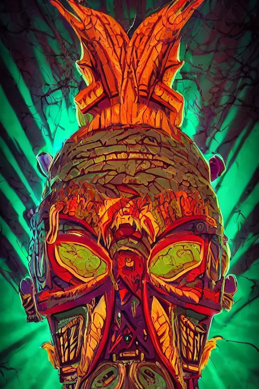 Image similar to totem animal tribal chaman vodoo mask feather gemstone plant wood rock video game illustration vivid color borderlands by josan gonzales and dan mumford radiating a glowing aura global illumination ray tracing