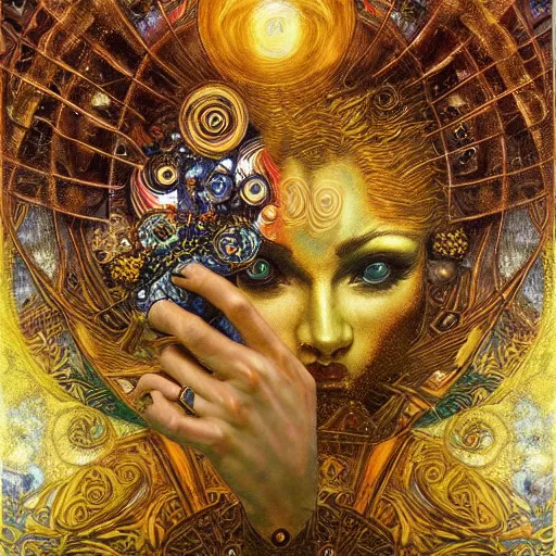 Image similar to Divine Chaos Engine by Karol Bak, Jean Deville, Gustav Klimt, and Vincent Van Gogh, celestial, visionary, sacred fractal structures, ornate gilded medieval icon, spirals