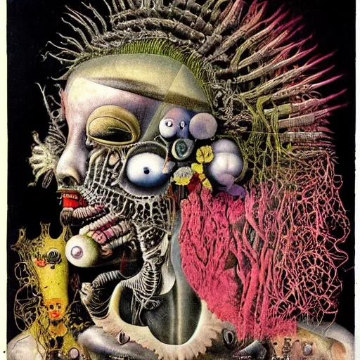 Image similar to post - punk new age album cover, magic, apocalypse, psychedelic, psychonaut, black white pink, magic, giger h. r., giuseppe arcimboldo