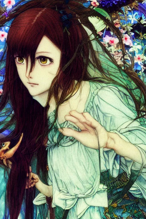 Prompt: pre-raphaelite cute anime girl with dark rainbow, blurred detail, photo by Annie Leibovitz, Katsuya Terada