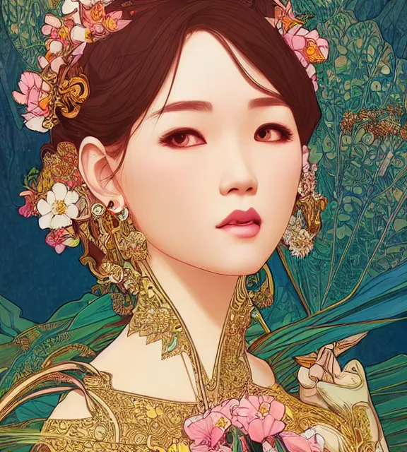 Prompt: beautiful and detailed digital illustration of thai princess by kittichai rueangchaichan and Ilya Kuvshinov, floralpunk, Artstation, art nouveau aesthetic, Alphonse Mucha background, intricate details,