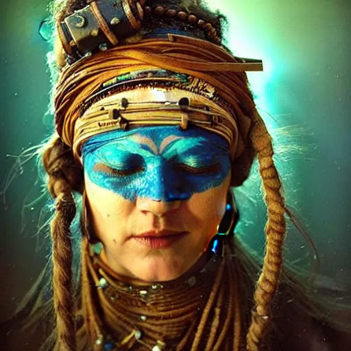 Prompt: A blindfolded shaman woman with a decorated headband, in the style of heilung, blue hair dreadlocks and wood on her head, atmospheric lighting, intricate detail, cgsociety, ambient light, dynamic lighting, art by karol bak