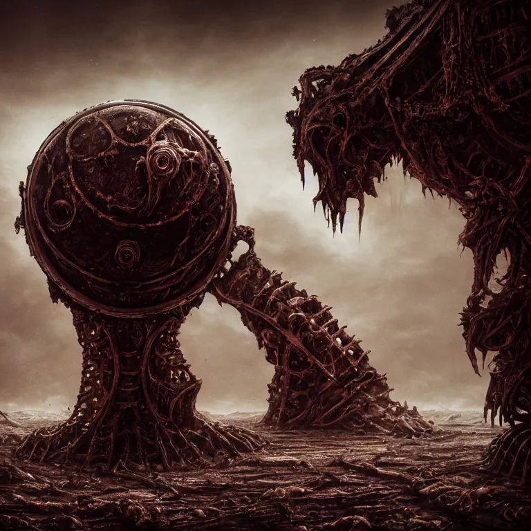 Prompt: ribbed abandoned biomechanical organic crashed spaceship Sauron armor on exoplanet in a desolate empty wasteland, covered with organic flesh, meat, creepy, nightmare, dream-like heavy atmosphere, surreal abandoned buildings, baroque painting, beautiful detailed intricate insanely detailed octane render trending on Artstation, 8K artistic photography, photorealistic, chiaroscuro, cinematic volumetric light, Raphael, Caravaggio, Beksinski, Giger