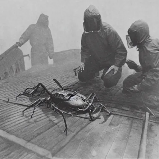 Image similar to old black and white photo, 1 9 1 3, depicting scientists in hazmat suits removing an alien biomechanical insect corpse on a bridge, historical record, volumetric fog