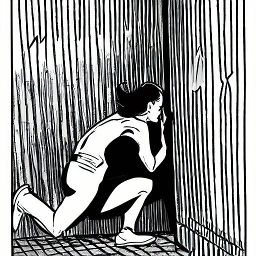 Image similar to a woman on her knees hiding behind a wall in fear, comic book style,