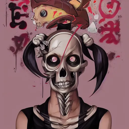 Image similar to anime manga skull portrait young woman skeleton, pokemon, artgerm, painterly, graffiti, key lighting, art by jc leyendecker and sachin teng