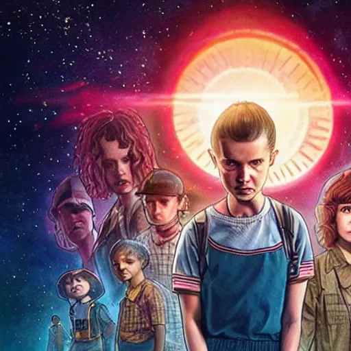 Image similar to Concept art, Eleven from 'Stranger Things' Season 3 (2019), with long hair, conjuring a magical miniature sun in her hand