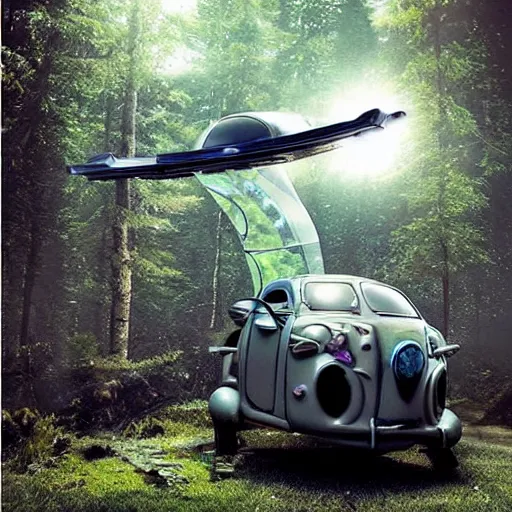 Image similar to flying car in futuristic spiritual mystical post apocalyptic forest, studio ghibli, beautiful, crisp