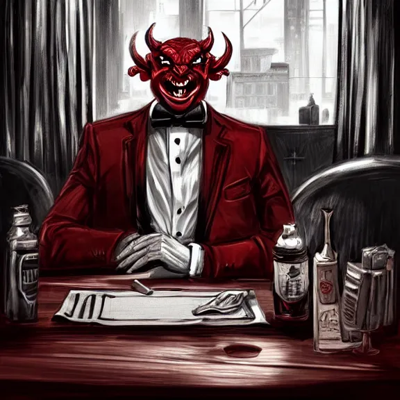 Image similar to the devil monster and a handsome gentleman sitting in a pub, film noir style, black and white and red colors, establishing shot, highly detailed, digital painting, artstation, concept art, smooth, sharp focus, illustration, Unreal Engine 5, 8K, art by artgerm, realistic painting