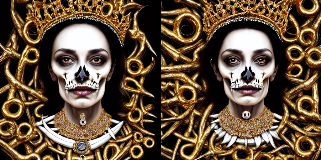 Prompt: realistic portrait of a queen of bones, dark, gold, silver ornaments, facing camera, photo realistic, detailed, 1 4 5 0, delicate, hyper realism, ultra realistic, 8 k