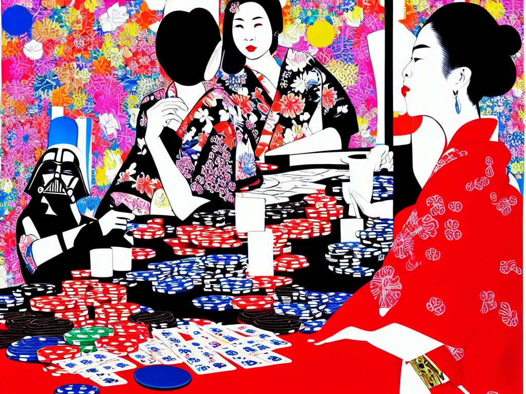 Image similar to hyperrealistic composition of the detailed woman in a japanese kimono sitting at a poker table with detailed darth vader, fireworks, mount fuji on the background, pop - art style, jacky tsai style, andy warhol style, acrylic on canvas