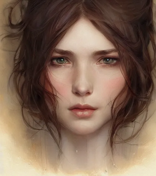 Image similar to portrait of a young woman, soft features, gentle smile, muscular, half body, cloth, brown hair, d & d, fantasy, intricate, highly detailed, digital painting, artstation, concept art, smooth, sharp focus, illustration, art by artgerm and greg rutkowski and alphonse mucha