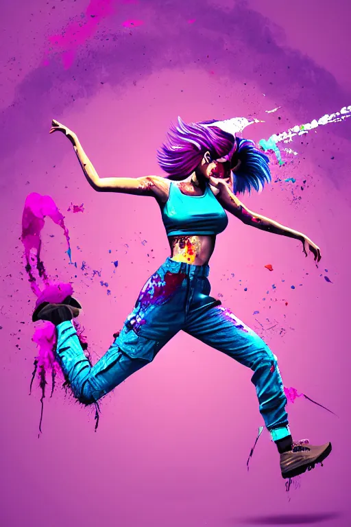 Image similar to a award winning half body porttrait of a beautiful woman in a croptop and cargo pants with ombre purple pink teal hairstyle with head in motion and hair flying, paint splashes, splatter, outrun, vaporware, shaded flat illustration, digital art, trending on artstation, highly detailed, fine detail, intricate