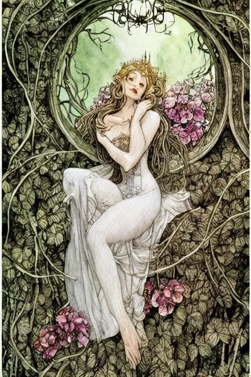 Prompt: detailed sleeping beauty in a rococo bedroom overgrown by vines and flowers, fantasy art, trending on artstation, fairytale, art by luis royo and walter crane and kay nielsen, watercolor illustration,