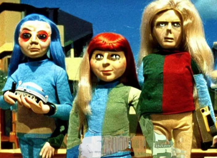 Prompt: a scene from a 1 9 7 0 s british kids tv programme by the bbc and gerry anderson, puppets, thunderbirds, supermarionation, vhs distortion, folk horror, hauntology