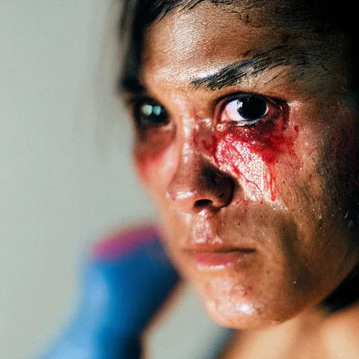 Image similar to close up portrait of woman boxer after boxing with brews blood sweating, photography photojournalism, very grainy image, 80mm lens, close up portrait polaroid