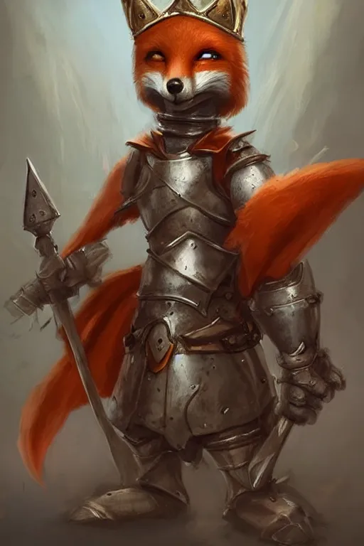 Image similar to cute little anthropomorphic foxy knight wearing a cape and a crown, tiny, small, miniature fox, baby animal, short, pale blue armor, cute and adorable, pretty, beautiful, DnD character art portrait, matte fantasy painting, DeviantArt Artstation, by Jason Felix by Steve Argyle by Tyler Jacobson by Peter Mohrbacher, cinematic lighting