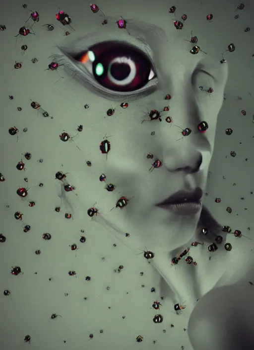 Prompt: a woman with insect eyes is pictured on the wall, glitch art, octane render, trending on artstation, gritty, nekro, vito acconci