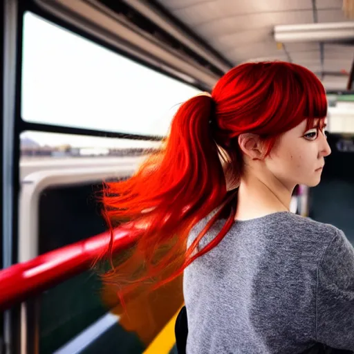 Prompt: A cute anime girl with red hair in a pony tail, she is riding the train to work early in the morning.