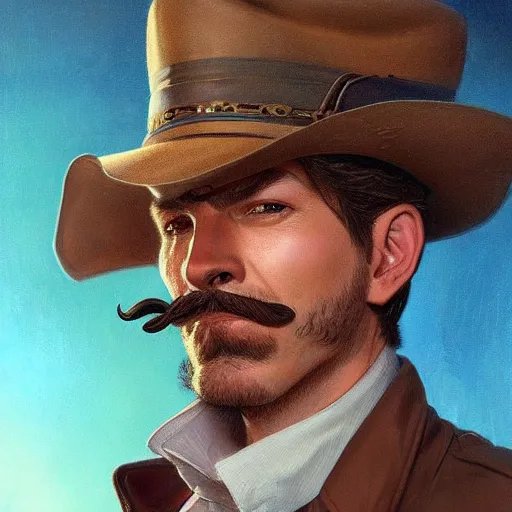 Image similar to Three quarters portrait of a gentleman gunslinger with a moustache, highly detailed, digital painting, art by Stanley Lau and Artgerm and magali villeneuve and Alphonse Mucha, artstation, octane render, cgsociety