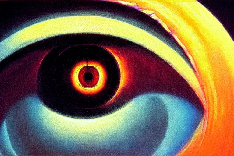 Image similar to eye as a black hole, 8 0 s neon art deco, moebius, cinematic lighting, beautiful, elegant, oil painting, hyper realism,