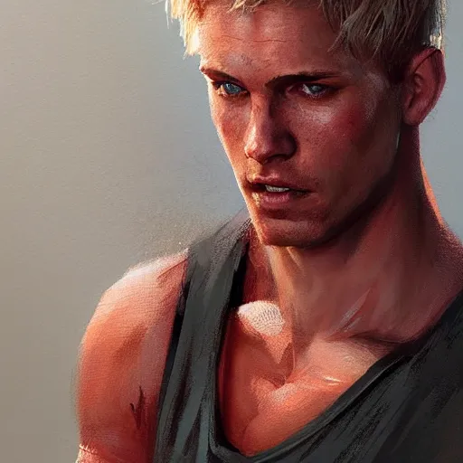 Prompt: Portrait of a man by Greg Rutkowski, he is about 30 years old, short blond hair, athletic and strong, straight jaw, wearing red tank top, older brother vibes, highly detailed portrait, digital painting, artstation, concept art, smooth, sharp foccus ilustration, Artstation HQ.