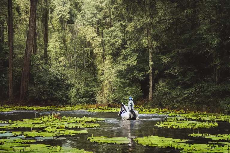 Prompt: A photo of an astronaut riding a horse in the forest. There is a river in front of them with water lilies