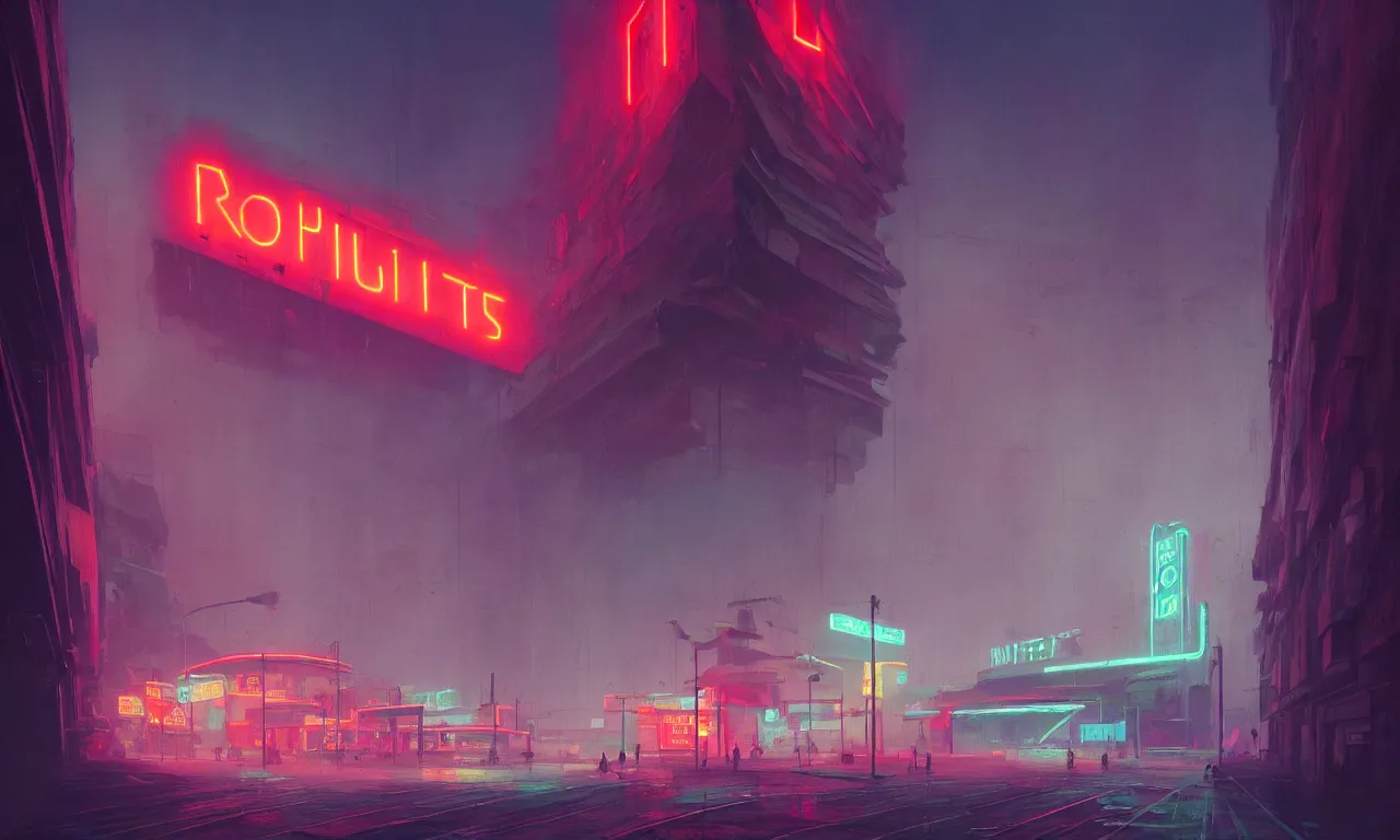 Image similar to brutalist architecture, colorful neon lighting, neon signs, raphael lacoste, eddie mendoza, alex ross, concept art, matte painting, highly detailed, rule of thirds, dynamic lighting, cinematic, detailed, denoised, centered