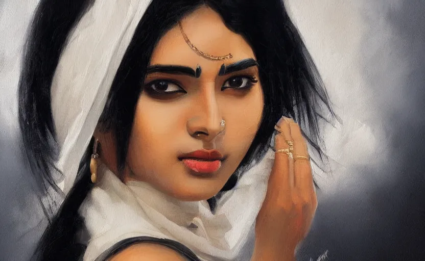 Image similar to a painting of a beautiful indian woman with black hair trending on artstation in the style of greg rutkowski