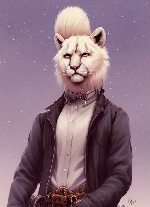 Image similar to beautiful portrait commission of a male furry anthro albino mountain lion wearing old-timey miner's clothes. Atmospheric. Character design by charlie bowater, ross tran, artgerm, and makoto shinkai, detailed, inked, western comic book art