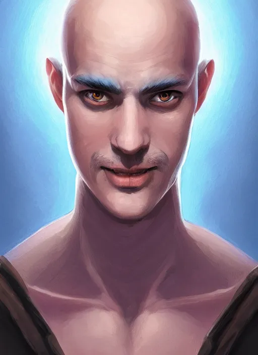 Image similar to head-on symmetrical centered painted portrait, a smiling bald androgynous man with completely blue skin in his twenties as a D&D wizard, fantasy, intricate, elegant, highly detailed, digital painting, smooth, sharp focus, illustration, artstation, in the style of Artgerm and Anna Podedworna and Charlie Bowater and Michael Garmash