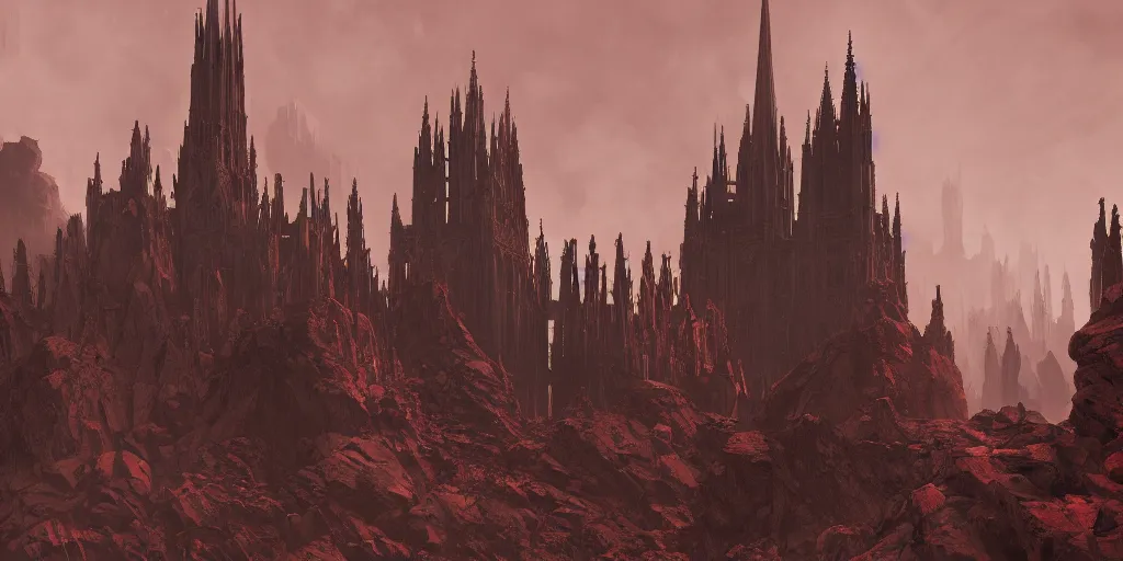 Image similar to dramatic render of a cathedral, gothic architecture, tall spires, top of a red rock canyon, vultures, 24mm angle, concept art by studio ghibli and eddie mendoza, atmospheric, moody, dark, cinematic, volumetric lighting, 8K